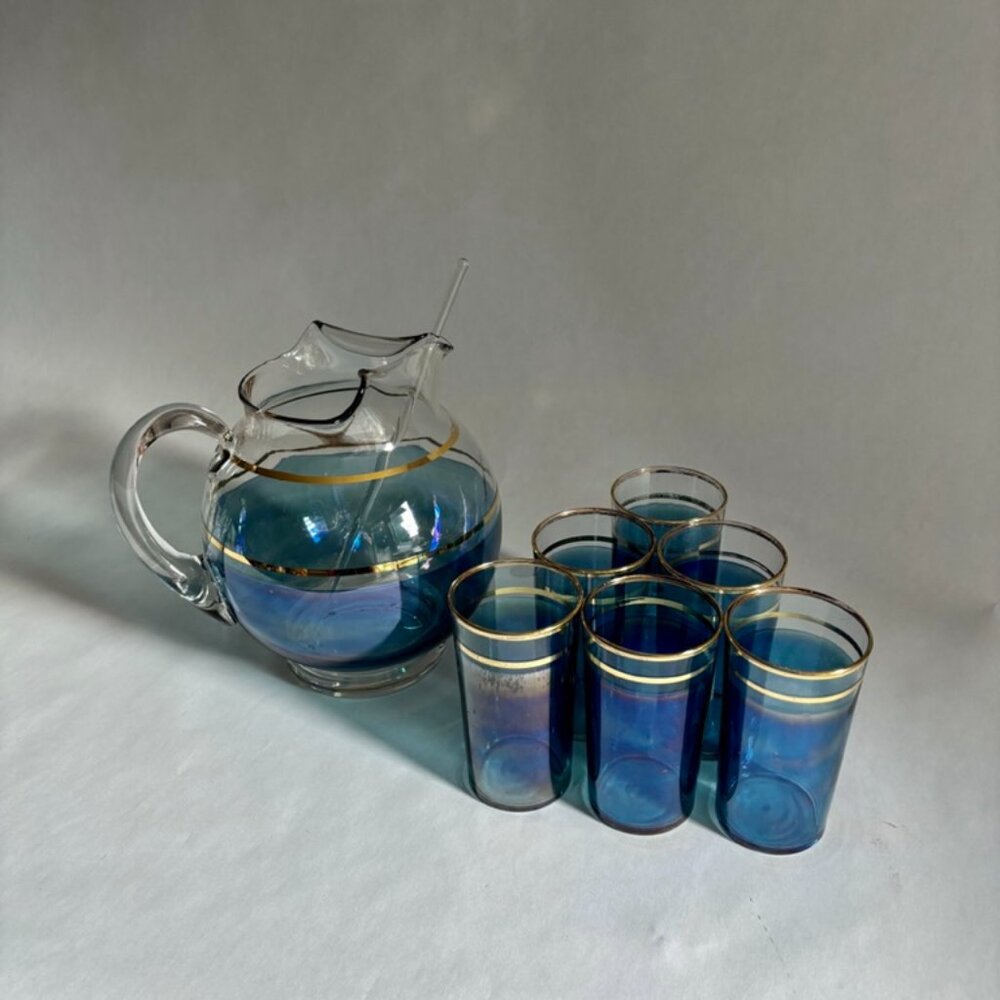 Vintage Iridescent Macbeth Evans Corning Upright Ball Pitcher & Glasses Set - Picture 9 of 14